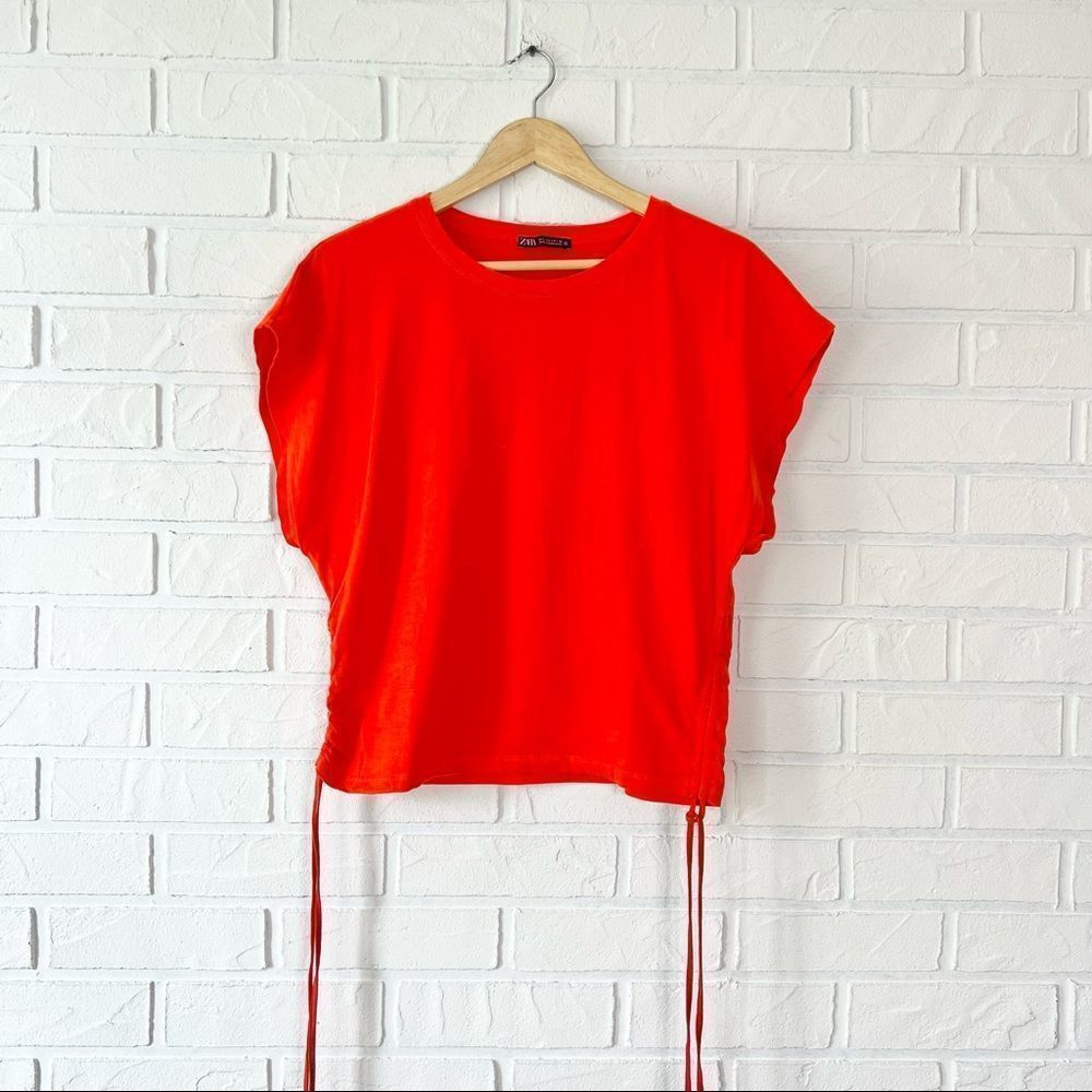 Zara Red Ruched Tie Side Dolman Sleeve T Shirt L - Picture 2 of 9